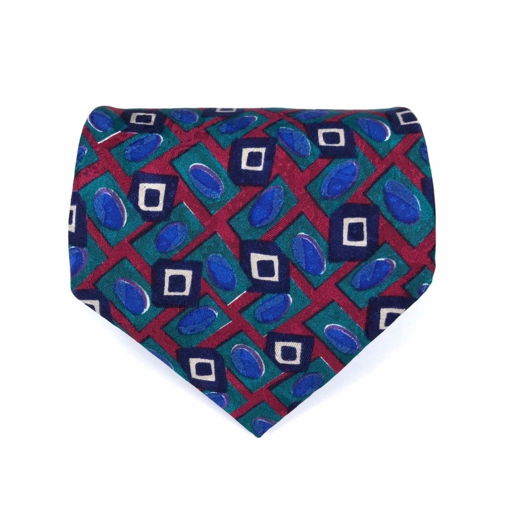 Men's vintage Isaco 100% Silk Tie Handmade Abstract Blue Red Multicolor Necktie